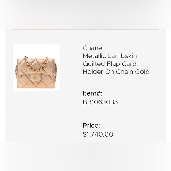 Chanel
Metallic Lambskin
Quilted Flap Card
Holder On Chain Gold
Receipt in pics - Picture 5 of 6